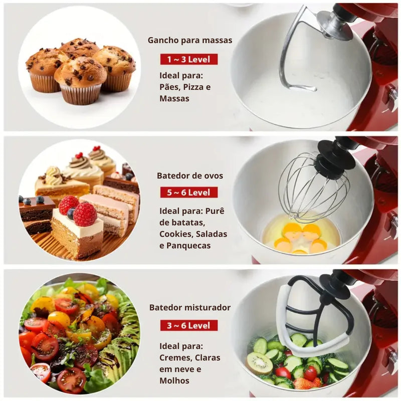 Batedeira Elétrica Multiuso ChefMax Inox 6 Velocidades + BRINDE: Fruteira Giratória 4 Andares